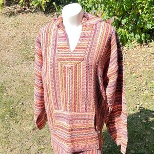 Vintage Baja Hoodie, Salmon Sunset Striped Pullover, Unisex Hippie Boho Surf Top